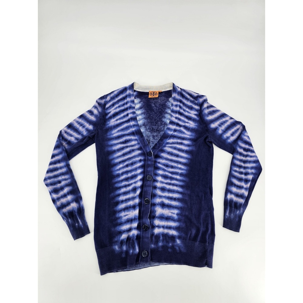 Tory Burch Pat Cardigan Size Medium Blue + White V-Neck Button Front